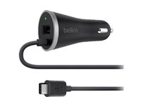 Belkin Car Charger with Hardwired USB-C Cable and USB-A Port - Adaptateur d'alimentation pour voiture - 15 Watt - 2 connecteurs de sortie (USB, USB-C) - noir brillant F7U006BT04-BLK